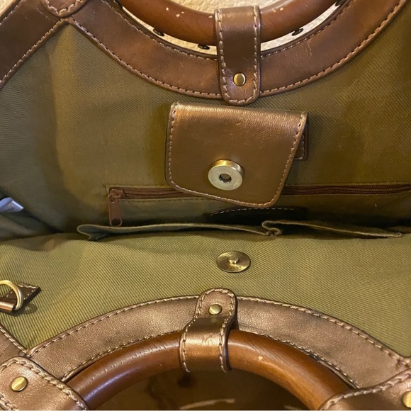 Fossil handbag dark Hawaiian tropical palm print wooden handles or strap - Picture 5 of 13